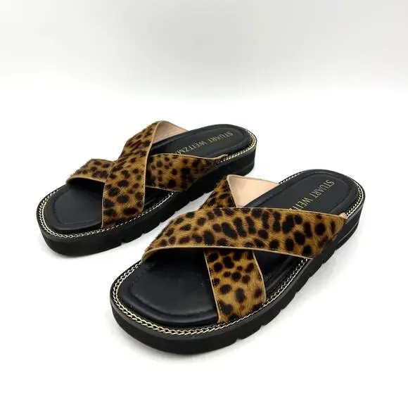 Stuart Weitzman Roza Lift Chain Haircalf Sandal Side Leopard Print